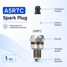 1PC 71mm A5RTC Spark Plug, Heat-Resistant Ceramic & Metal Small Engine Ignition Plug, White Ribbed Insulator With Threaded Electrode, Replacement Spark Plug For Generator, Lawn Mower & Garden Tool Engine Maintenance - A5RTC - View 2