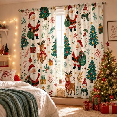 2 Paneele Weihnachts-Santa-Rentier-Schneemann-Vorhänge mit Stangendurchzug, lichtfilternd, Sichtschutz-Fenstervorhänge, cremeweiß, Weihnachtsbaum-Schneeflocken-Muster, waschbare Polyester-Vorhänge, Winter-Feiertags-Dekoration für Schlafzimmer, Badezimmer, Kinderzimmer