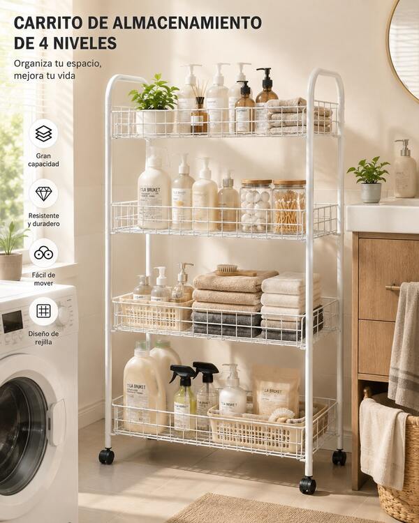 Kynley Carrinho Organizador com Rodinhas, Prateleira Metálica de 2/3/4 Níveis, Carrinho Utilitário Multiuso para Banheiro, Cozinha, Lavanderia e Quarto, Branco