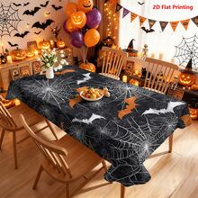 1/2pcs Halloween Tablecloth, Halloween Theme Polyester Fabric Tablecloth With Orange & White Bat Spider Web Pattern, Black Textured Background, Suitable For Dining Table, Coffee Table, Kitchen, Picnic, Camping, Country Farmhouse Decor, Holiday Tabletop Protection - Multicolor - View 2