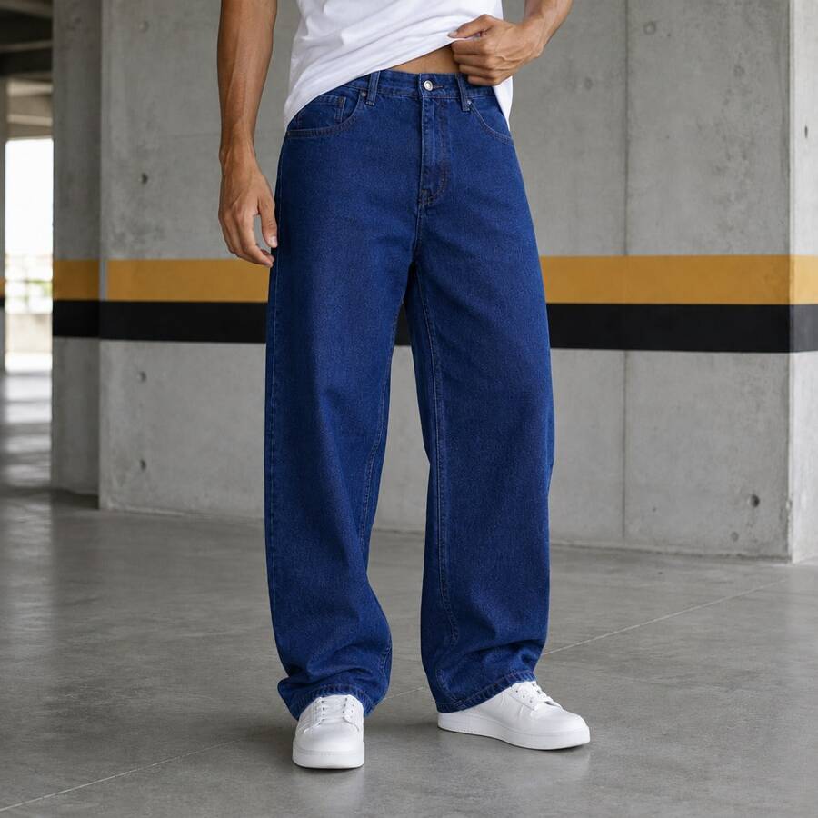Men's Regular Fit Wide Leg Jeans - Dark Blue Jeans - Azul Escuro Jeans - View 1
