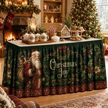 Vintage Christmas Tablecloth, Santa Claus And Holly Print, Christmas Joy Green Polyester Tablecloth, Luxury Holiday Party Decoration, Suitable For Dining Room, Home Gathering And Winter Home Decor - A - View 7