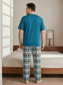 Plus Size Men's 2 Pieces Pajama Set Short Sleeve T-Shirt + Plaid Long Pants Casual Loose Homewear Gift For Boyfriend Husband - Multicolor - View 3