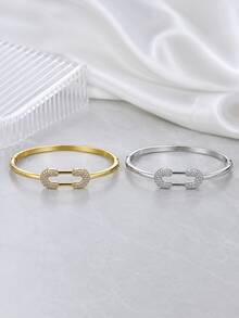 1pc Women's Double C Geometric Buckle Rhinestone Open Cuff Bracelet, Luxury Minimalist Thin Bangle, Versatile Accessory For Daily Commute, Dating And Party - S63178-w - View 1
