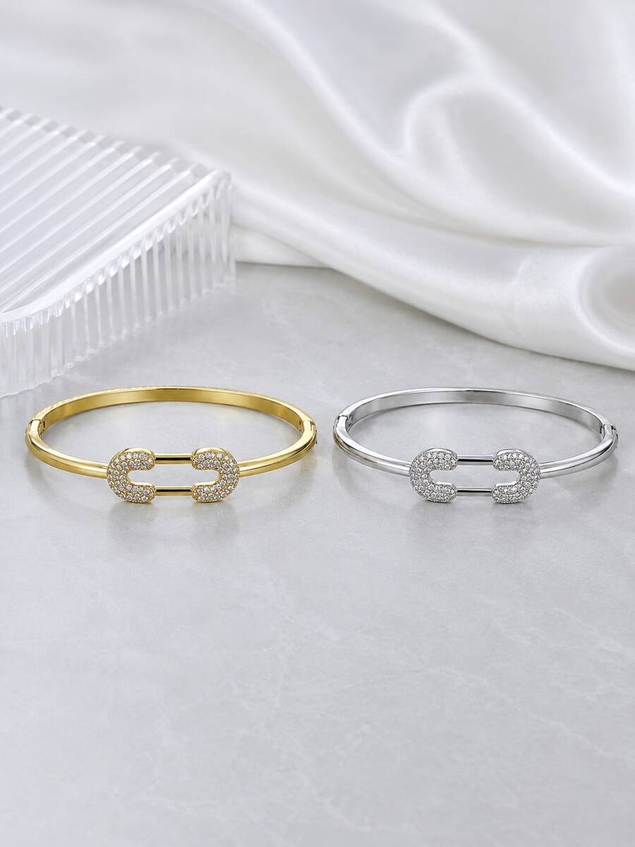 1pc Women's Double C Geometric Buckle Rhinestone Open Cuff Bracelet, Luxury Minimalist Thin Bangle, Versatile Accessory For Daily Commute, Dating And Party - S63178-w - View 1
