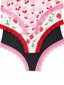3pcs/Pack Sweet Strawberry Bow Print Lace Trim Comfortable Pink Women's Triangle Panties Set - Multicolor - View 4