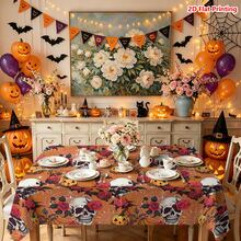 1/2pcs Halloween Tablecloth, Halloween Theme Skull Rose Pumpkin Pattern Polyester Tablecloth Suitable For Dining Table, Kitchen, Coffee Table, Picnic, Camping, Country Farmhouse Decor, Holiday Tabletop Protection - Multicolor - View 13