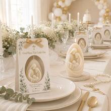 8 Sets Holy Family Candle Favors With Cards And Gold Ribbons, Religious Baptism, Christening, First Communion Party Favors, Baby Baptism, Church Ceremony Guest Gifts - White - View 3