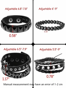 Rivet PU Leather Bracelet Set, Dark Punk Rock Style Wrist Accessory, Featuring Pyramid Studs, Round Rivets, Braided Rope, Chain And Skull Decor, Suitable For Music Festivals, Daily Street Wear And Gothic Theme Parties, Snap Button Adjustable For Multi-Style Layering To Create Cool Looks, Premium Holiday Gift For Lovers, Halloween Bracelet Accessory - Black - View 4