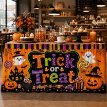 Halloween Trick Or Treat Table Skirt, Pumpkin Ghost Witch Print, Cute Orange & Black Polyester Tablecloth, Suitable For Kids Halloween Party, Candy & Dessert Table Decoration, Classroom Activities And Spooky Home Decor - A - View 6