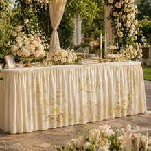 Elegant Ivory Gold Love Letter & Floral Print Table Skirt, Wedding Reception Decor, Luxury Polyester Tablecloth, Suitable For Bridal Shower, Engagement Party, Dessert Table And Anniversary Decoration - A - View 3