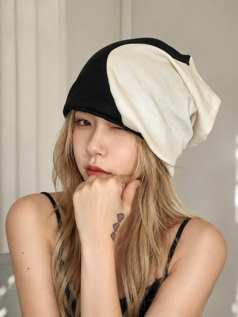 Niche Asymmetric Colorblock Slouchy Beanie, Cool Girl Dark Aesthetic Lazy Pullover Hat, Breathable Thin Streetwear Versatile Cold Weather Cap, Unisex - Multicolor - View 1