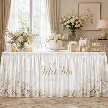 Mr And Mrs Wedding Table Skirt With White Floral Print, Elegant Polyester Table Cover For Wedding Reception, Bridal Shower, Sweetheart Table, Dessert Table Decoration And Romantic Event Decor - A - View 5