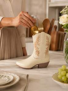 1pc Western Cowboy Boot Shaped Utensil Holder, Vintage Cream Color Kitchen Countertop Utensil Organizer, Spoon Fork Chopstick Utensil Storage Bucket, Country Farmhouse Style Kitchen Decor, Western Home Decor, Kitchen Essentials - Multicolor - View 2