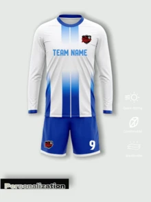 2pcs/Set Customized Vertical Striped Long Sleeve Soccer Jersey Set, Includes Top And Shorts, White And Blue Gradient Fresh Color Scheme, Customizable Content On Both Front And Back, Free To Modify Player Name, Jersey Number, And Custom Team Logo, Comfortable Fabric, Suitable For Soccer Matches, Daily Training, Team Building Activities And Casual Daily Wear, Preferred Choice For Team Procurement, Create Exclusive Team Match Gear, 2026 Soccer Project - White - View 2