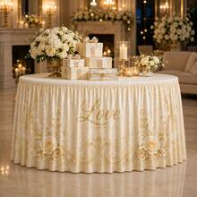 Elegant Ivory Gold Love Letter & Floral Print Table Skirt, Wedding Reception Decor, Luxury Polyester Tablecloth, Suitable For Bridal Shower, Engagement Party, Dessert Table And Anniversary Decoration - A - View 6