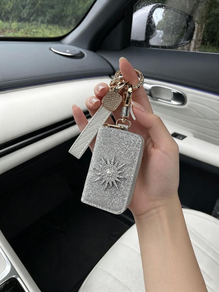 1pc Korean Style Fine Glitter Full Rhinestone Sun Car Key Pouch, Creative Rhinestone Diamond Grid Anti-Drop Key Chain, Premium Car Key Holder Pendant Wrist Strap, Universal Sparkling Car Key Protective Cover Storage Bag - A - View 1