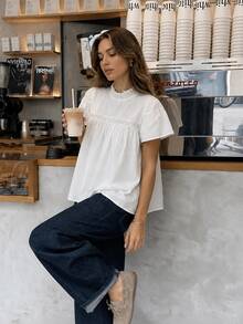 Women's Solid Color Blouse Shirt, Stand Collar Casual Minimalist Ruffle Sleeve Shirt White Summer - White - View 1