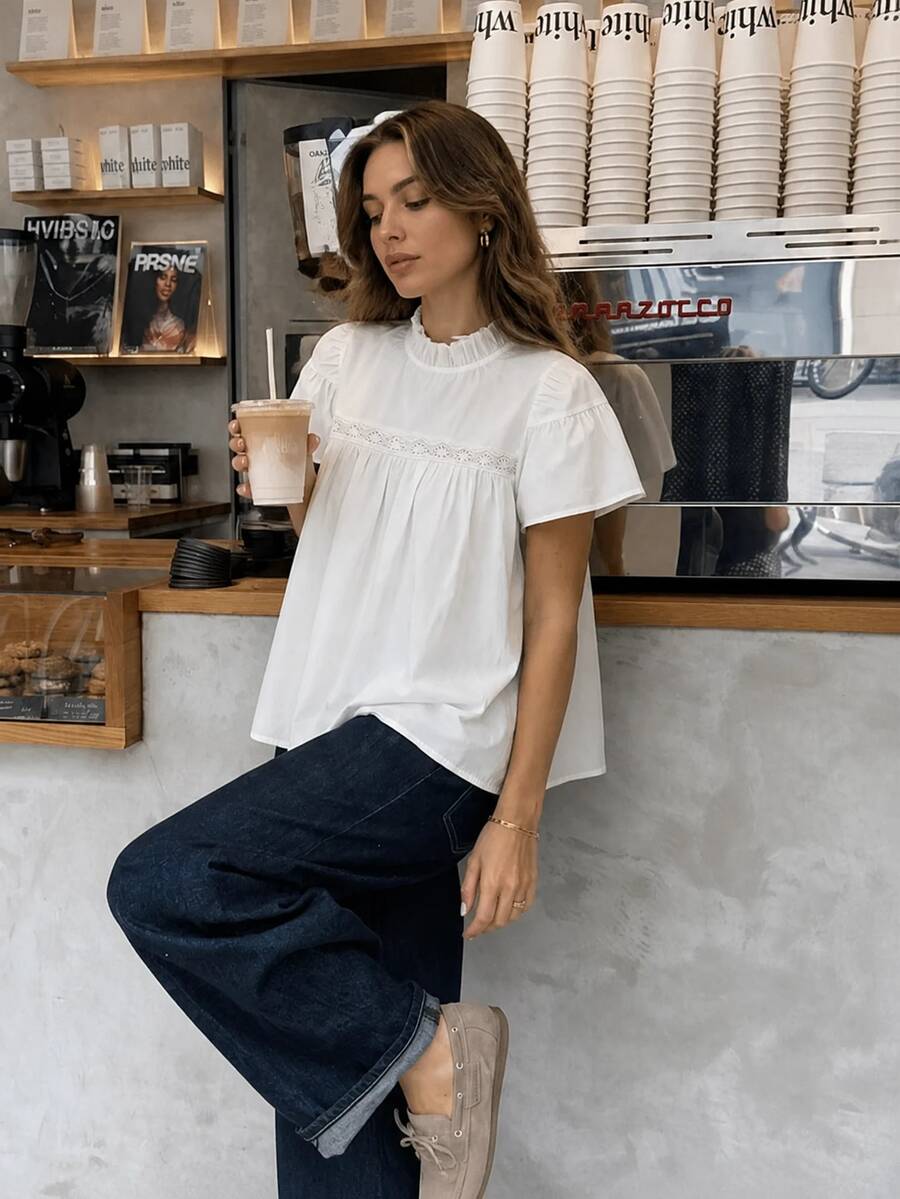 Women's Solid Color Blouse Shirt, Stand Collar Casual Minimalist Ruffle Sleeve Shirt White Summer - White - View 1