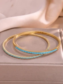 rakol 2Pcs Minimalist Turquoise Bar Inlaid Cuff Bangle Set, Stackable Gold Bracelets - Long Strip - View 2