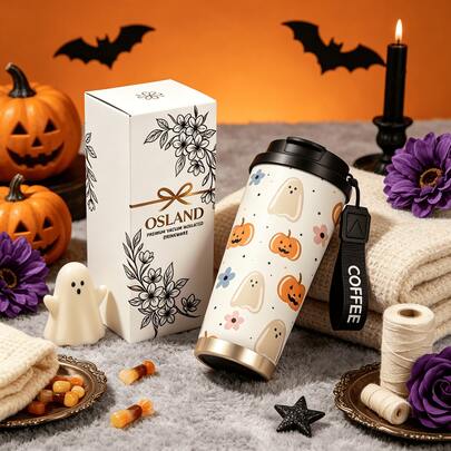1pc/5pcs 500ml Halloween Ghost Pumpkin Travel Mug, Double Wall Stainless Steel Insulated Cup, Cute Ghost, Pumpkin And Floral Full Print Pattern Design, Portable Coffee Cup With COFFEE Printed Lanyard For Daily Commute.