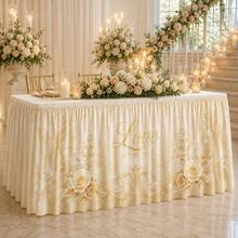 Elegant Ivory Gold Love Letter & Floral Print Table Skirt, Wedding Reception Decor, Luxury Polyester Tablecloth, Suitable For Bridal Shower, Engagement Party, Dessert Table And Anniversary Decoration - A - View 7