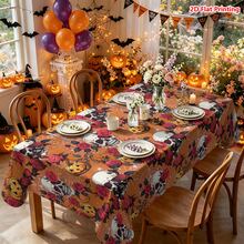 1/2pcs Halloween Tablecloth, Halloween Theme Skull Rose Pumpkin Pattern Polyester Tablecloth Suitable For Dining Table, Kitchen, Coffee Table, Picnic, Camping, Country Farmhouse Decor, Holiday Tabletop Protection - Multicolor - View 9