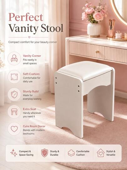 Modern White Vanity Stool With Upholstered Seat, Space-Saving Makeup Chair For Bedroom, Dorm & Apartment, Easy Assembly, Perfect Gift For Girls & Women