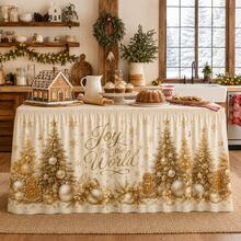 Elegant Christmas Tablecloth, Printed With "Joy To The World" Letters And Gold Tree Pattern, Polyester Fabric, Suitable For Holiday Parties, Family Dinners, Winter Home Decor And Christmas Dessert Table - A - View 4