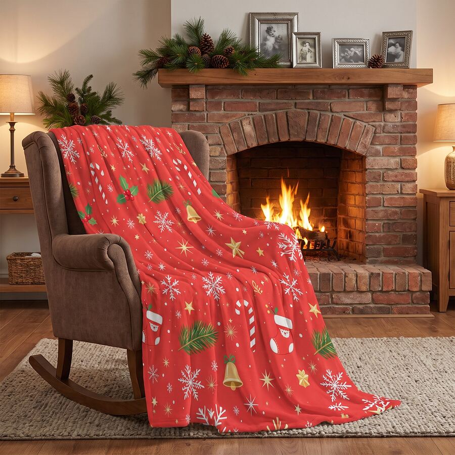 1 buah Selimut Tidur Siang Natal Flanel Modern Lembut & Nyaman dengan Latar Belakang Merah - Pohon Natal, Rusa, Kepingan Salju, Manusia Salju - Selimut Tidur Siang Poliester - Teknologi Pencetakan Digital, Cocok untuk Sofa, Tempat Tidur, Perjalanan, Dekorasi Rumah Kantor - MultiWarna - View 1