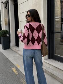 Women's Pink Plaid Contrast Color Preppy Style Jacquard Round Neck Loose Elegant Long Sleeve Knit Pullover Sweater, Casual Argyle Knit Cardigan, Versatile For Daily Street And Commute Wear. Comfortable Fabric, Suitable For Autumn/Winter, Perfect For Christmas, Halloween, New Year, Back To School And Other Daily Outings. - Pink - View 6