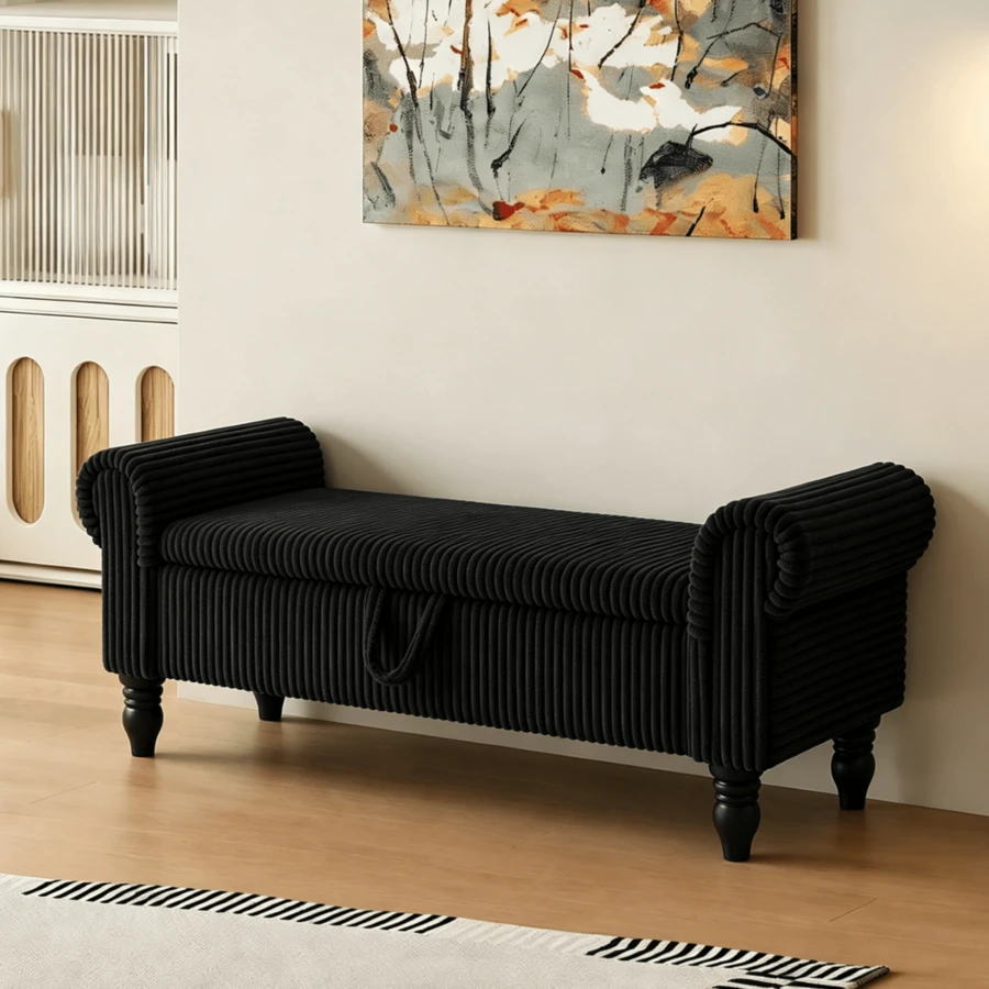 51.5" Ottoman With Storage, Storage Bench For Bedroom, Modern Upholstered End Of Bed Bench W/ Storage & Rolled Arms, Corduroy Storage Ottoman Footrest Window Seat Cabinet Stool Accent Chair For Entryway Living Room, Black Dorm Room Essentials College - Black-Corduroy - 查看 1