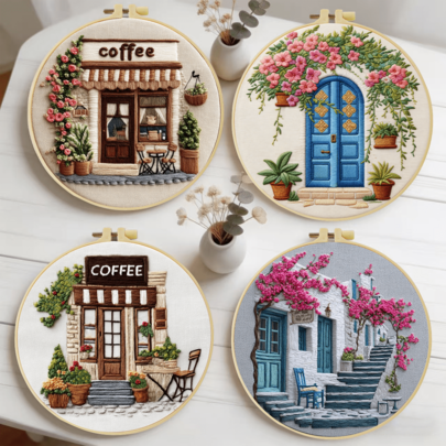 1PC 20*20cm/7.9*7.9in,House Flowers Embroidery Kit, DIY Handmade Embroidery Set For Adult Beginners, Home Gift, Women's Sewing Gift, Including User Manual, Printed Pattern Fabric, Embroidery Frame, Needle And Thread.