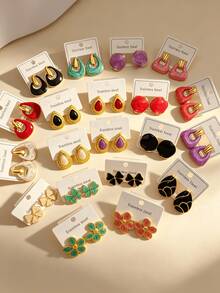 24PCS/12Pairs Stainless Steel Earrings Set For Women, Summer Beach Jewelry Accessories, Minimalist Fashion Earrings For Daily Wear, Travel & Vacation - Multicolor - View 2