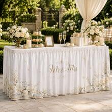 Mr And Mrs Wedding Table Skirt With White Floral Print, Elegant Polyester Table Cover For Wedding Reception, Bridal Shower, Sweetheart Table, Dessert Table Decoration And Romantic Event Decor - A - View 2