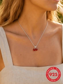 1pc S925 Sterling Silver Gentle Cute Mori Style Fresh Cherry Pendant Necklace, Unique Design Lively Playful Clavicle Chain, Niche Sweet Romantic Atmosphere Light Luxury Versatile Casual Party Neck Accessory For Women - Cherry - View 6