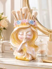 1pc Cute Girl Makeup Brush Holder, Resin Flower Crown Cosmetic Organizer, Kawaii Vanity Storage Cup For Makeup Brushes, Lipstick And Beauty Tools, Dresser, Bedroom, Bathroom Countertop, Desk Decor, Aesthetic Room Decor, Gift For Women And Girls - View 6