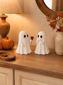 2pcs Romantic Ghost Couple Figurines, Cute White Halloween Ghost Decor With Rose And Blushing Design, Spooky Fall Tabletop Decoration For Bookshelf, Mantel, Entryway, Party, Bedroom And Halloween Gift - Multiple Styles - View 7