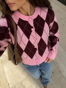 Women's Pink Plaid Contrast Color Preppy Style Jacquard Round Neck Loose Elegant Long Sleeve Knit Pullover Sweater, Casual Argyle Knit Cardigan, Versatile For Daily Street And Commute Wear. Comfortable Fabric, Suitable For Autumn/Winter, Perfect For Christmas, Halloween, New Year, Back To School And Other Daily Outings. - Pink - View 3