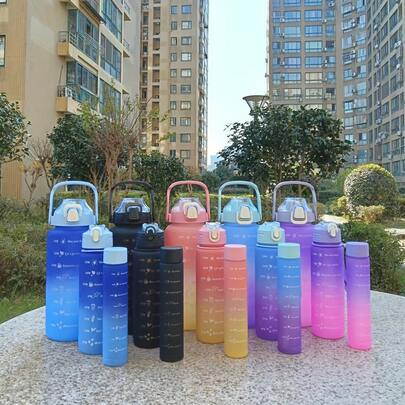 3pcs, 2000ML+800ML+300MLMotivational Water Bottle With Straw And Sleeve,2000ml+800ml+300ml Plastic Water Bottles, Sports Water Cups, Portable Drinking Cups, Summer Drinkware, For Outdoor Camping, Hiking, Fitness, Birthday Gifts