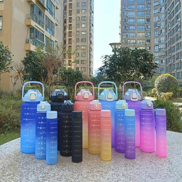 3pcs, 2000ML+800ML+300MLMotivational Water Bottle With Straw And Sleeve,2000ml+800ml+300ml Plastic Water Bottles, Sports Water Cups, Portable Drinking Cups, Summer Drinkware, For Outdoor Camping, Hiking, Fitness, Birthday Gifts