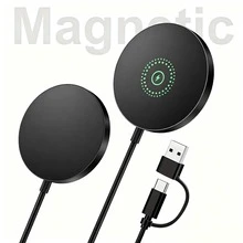 High Quality Wireless Charging 15W Magnetic Wireless Charger, 2-In-1 Fast Charging, Compatible With IPhone 16/16 Pro/16 Plus/16 Pro Max, 15/14/13/12 Series, And IPods 4/3/Pro Graduation Memorial Day Summer Kickoff - Black - View 2
