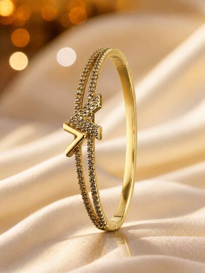 1 pieza Pulsera minimalista elegante en forma de V para mujer, con doble hilera de circonitas incrustadas en cobre, ideal para fiestas y reuniones.