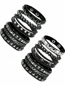 Rivet PU Leather Bracelet Set, Dark Punk Rock Style Wrist Accessory, Featuring Pyramid Studs, Round Rivets, Braided Rope, Chain And Skull Decor, Suitable For Music Festivals, Daily Street Wear And Gothic Theme Parties, Snap Button Adjustable For Multi-Style Layering To Create Cool Looks, Premium Holiday Gift For Lovers, Halloween Bracelet Accessory - Black - View 1