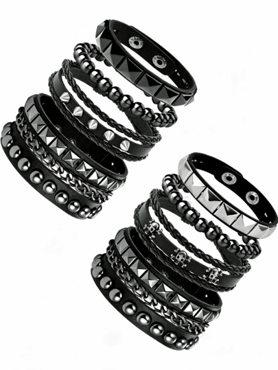 Rivet PU Leather Bracelet Set, Dark Punk Rock Style Wrist Accessory, Featuring Pyramid Studs, Round Rivets, Braided Rope, Chain And Skull Decor, Suitable For Music Festivals, Daily Street Wear And Gothic Theme Parties, Snap Button Adjustable For Multi-Style Layering To Create Cool Looks, Premium Holiday Gift For Lovers, Halloween Bracelet Accessory