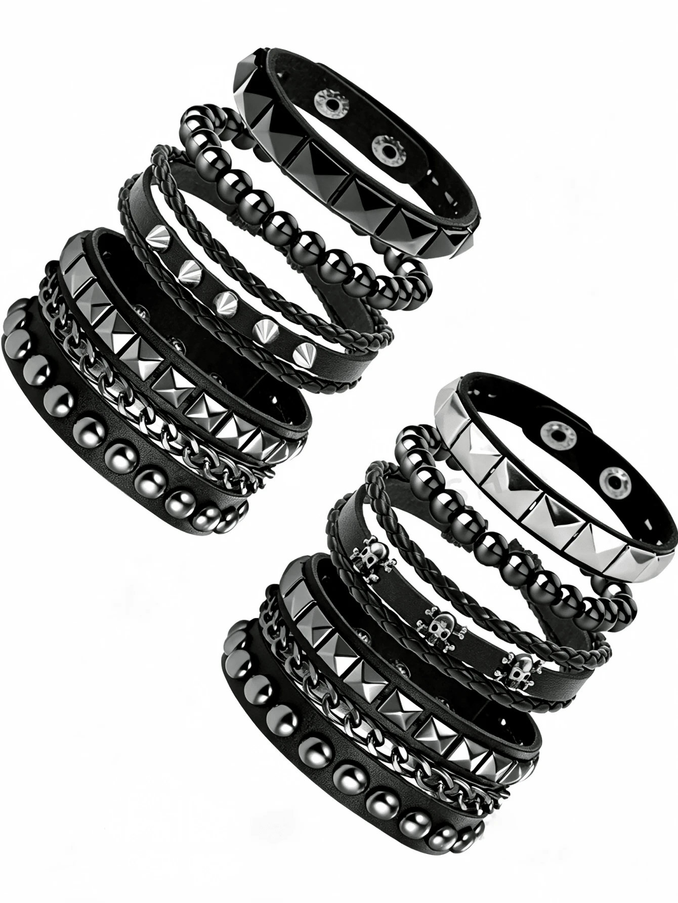 Rivet PU Leather Bracelet Set, Dark Punk Rock Style Wrist Accessory, Featuring Pyramid Studs, Round Rivets, Braided Rope, Chain And Skull Decor, Suitable For Music Festivals, Daily Street Wear And Gothic Theme Parties, Snap Button Adjustable For Multi-Style Layering To Create Cool Looks, Premium Holiday Gift For Lovers, Halloween Bracelet Accessory - Black - View 1
