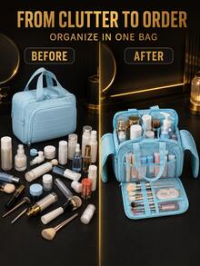Large Capacity Women's Travel Makeup Bag, Portable Multi-Compartment Cosmetic Storage Bag With Handle, Brush Slots, Mesh Pockets And Wide Zipper Opening, Suitable For Vacation, Bathroom, Home Toiletries And Skincare Storage - Multicolor - View 6