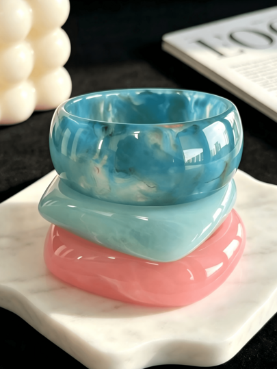 1pc/3pcs Geometric Resin Square Round Curved Beach Stackable Bracelet, Asymmetric Acrylic Bracelet, Fashionable Versatile Women's Bracelet, Fashion Gift, Versatile Wear (Hand-Dyed And Color-Toned, Slight Color Differences Under Different Lighting Are Normal And Do Not Affect The Wearing Effect)