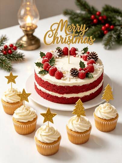 11pcs Christmas Cake Toppers, Gold Glitter Merry Christmas Star And Christmas Tree Cupcake Picks, DIY Cake Decorating Supplies For Xmas Party, Holiday Birthday Dessert Table Decorations