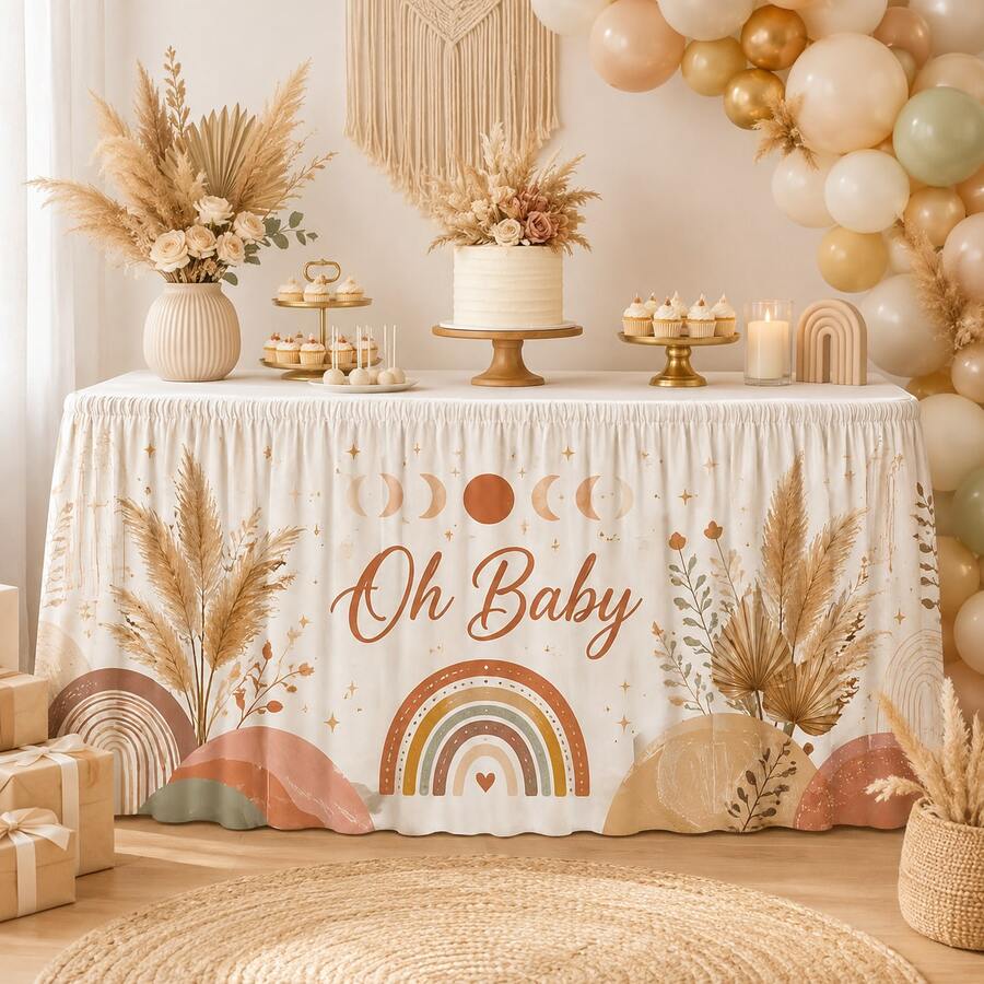 Oh Baby Bohemian Rainbow Moon Print Table Skirt, Neutral Baby Shower Party Polyester Tablecloth, Suitable For Gender Reveal, Welcome Baby Party, Dessert Table Decor And Bohemian Style Nursery Celebration - A - View 1